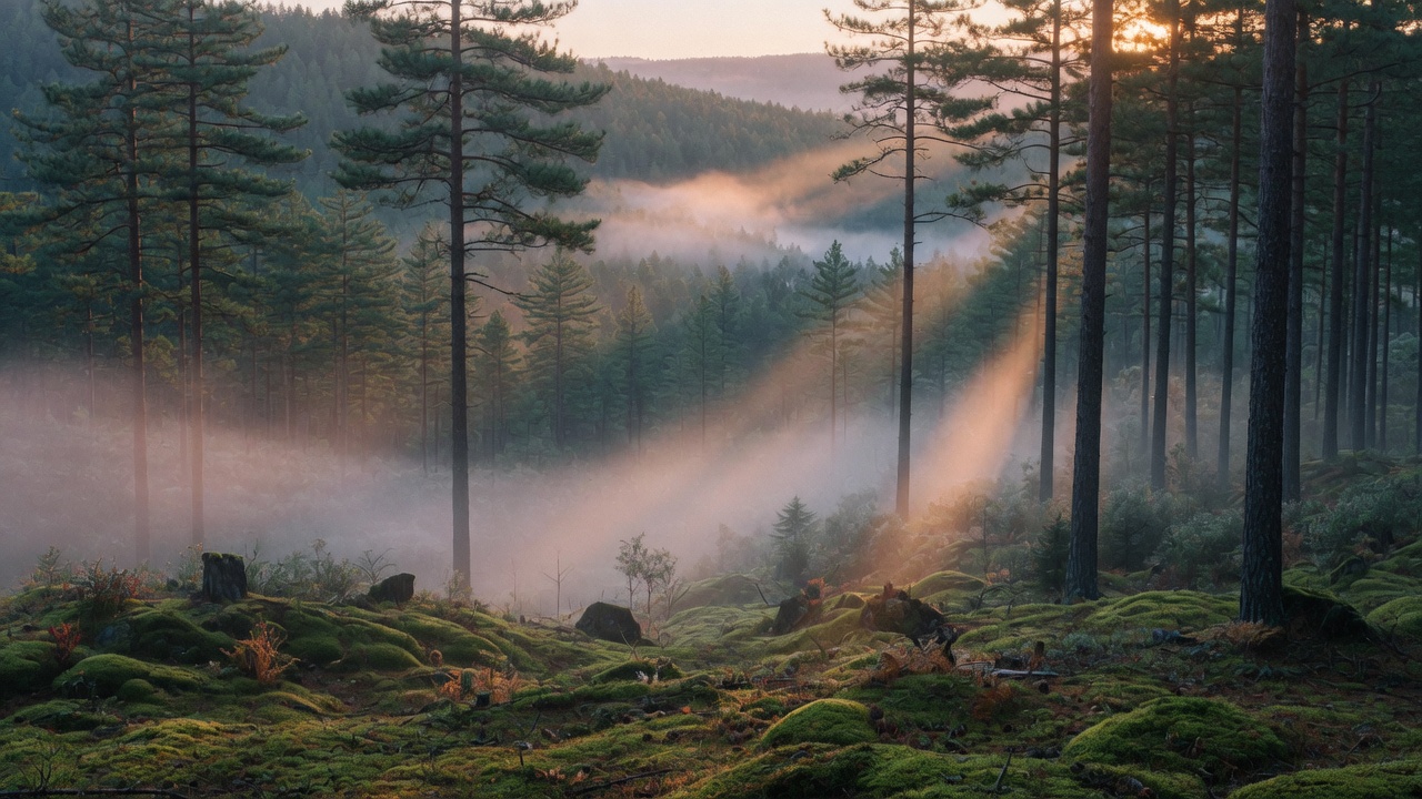 Misty pine forest at dawn